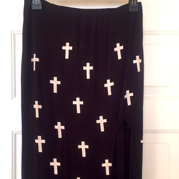 inluv Black Long Skirt, White crosses, side slit M - Picture 2 of 9